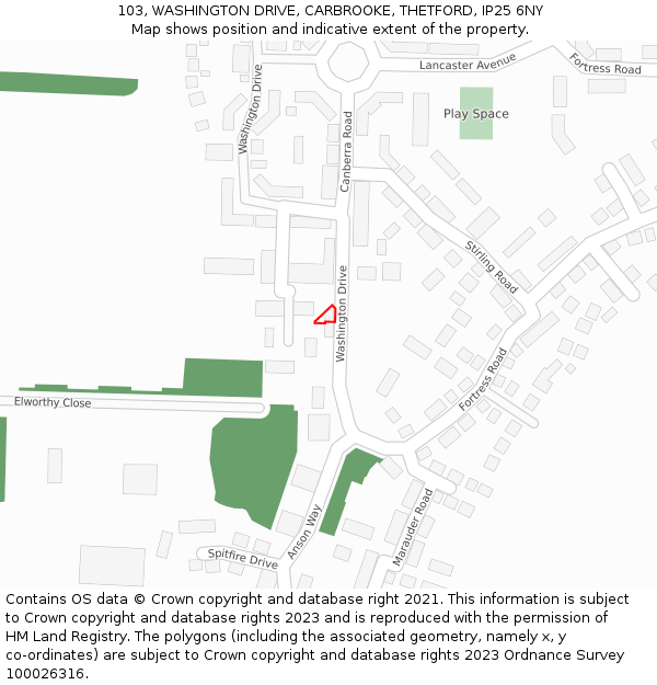 103, WASHINGTON DRIVE, CARBROOKE, THETFORD, IP25 6NY: Location map and indicative extent of plot