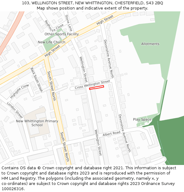 103, WELLINGTON STREET, NEW WHITTINGTON, CHESTERFIELD, S43 2BQ: Location map and indicative extent of plot