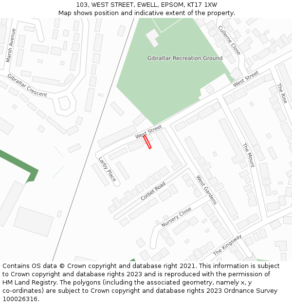 103, WEST STREET, EWELL, EPSOM, KT17 1XW: Location map and indicative extent of plot