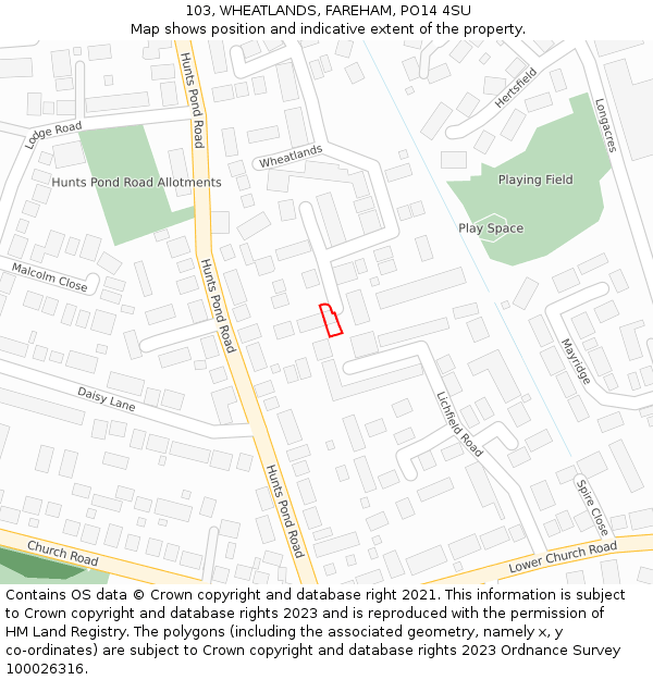 103, WHEATLANDS, FAREHAM, PO14 4SU: Location map and indicative extent of plot