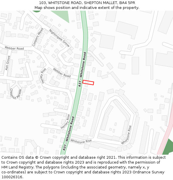 103, WHITSTONE ROAD, SHEPTON MALLET, BA4 5PR: Location map and indicative extent of plot