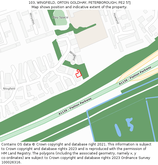 103, WINGFIELD, ORTON GOLDHAY, PETERBOROUGH, PE2 5TJ: Location map and indicative extent of plot