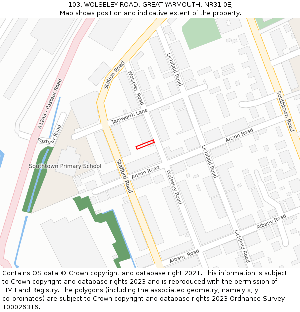 103, WOLSELEY ROAD, GREAT YARMOUTH, NR31 0EJ: Location map and indicative extent of plot