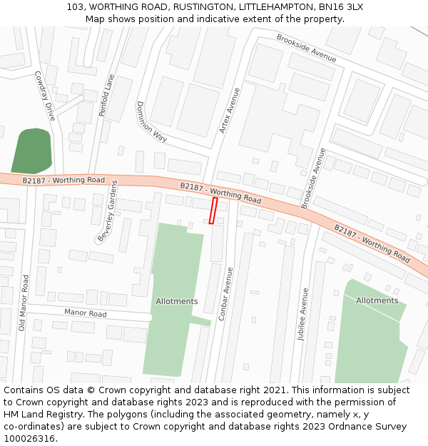 103, WORTHING ROAD, RUSTINGTON, LITTLEHAMPTON, BN16 3LX: Location map and indicative extent of plot