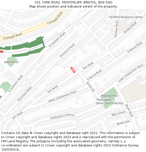 103, YORK ROAD, MONTPELIER, BRISTOL, BS6 5QD: Location map and indicative extent of plot