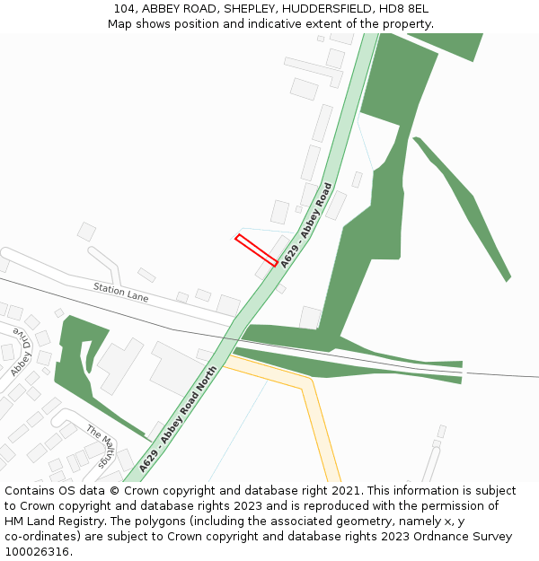104, ABBEY ROAD, SHEPLEY, HUDDERSFIELD, HD8 8EL: Location map and indicative extent of plot