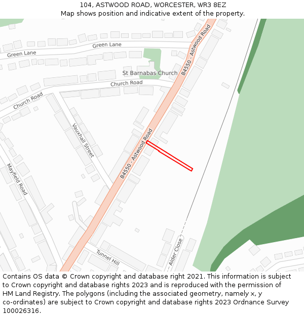 104, ASTWOOD ROAD, WORCESTER, WR3 8EZ: Location map and indicative extent of plot