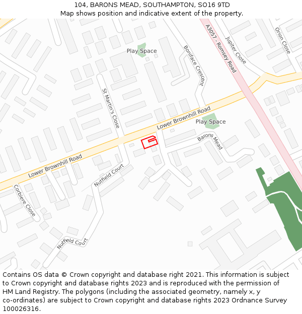 104, BARONS MEAD, SOUTHAMPTON, SO16 9TD: Location map and indicative extent of plot