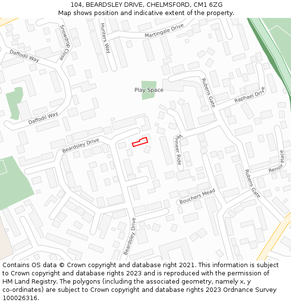 104, BEARDSLEY DRIVE, CHELMSFORD, CM1 6ZG: Location map and indicative extent of plot