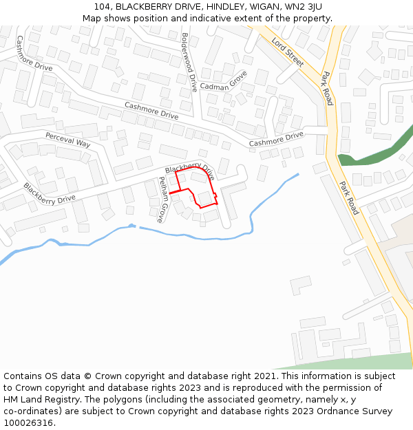104, BLACKBERRY DRIVE, HINDLEY, WIGAN, WN2 3JU: Location map and indicative extent of plot
