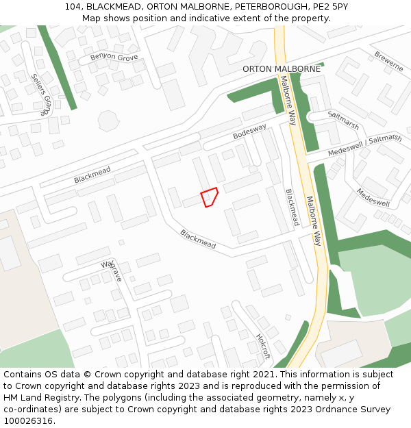 104, BLACKMEAD, ORTON MALBORNE, PETERBOROUGH, PE2 5PY: Location map and indicative extent of plot