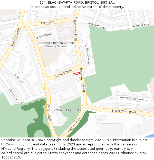 104, BLACKSWARTH ROAD, BRISTOL, BS5 8AU: Location map and indicative extent of plot