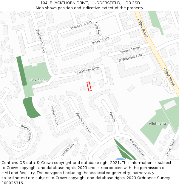 104, BLACKTHORN DRIVE, HUDDERSFIELD, HD3 3SB: Location map and indicative extent of plot