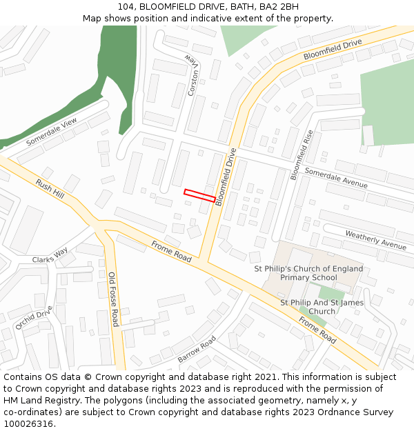 104, BLOOMFIELD DRIVE, BATH, BA2 2BH: Location map and indicative extent of plot