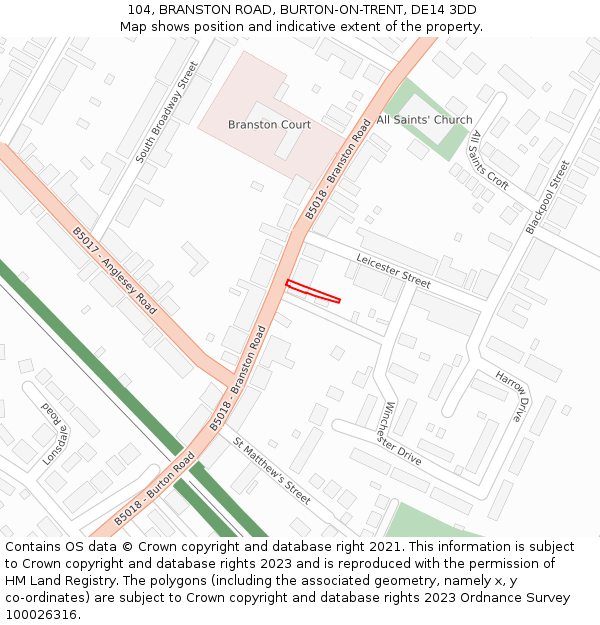 104, BRANSTON ROAD, BURTON-ON-TRENT, DE14 3DD: Location map and indicative extent of plot