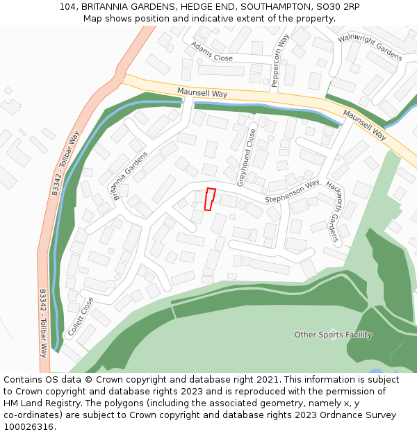 104, BRITANNIA GARDENS, HEDGE END, SOUTHAMPTON, SO30 2RP: Location map and indicative extent of plot