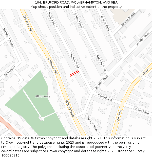 104, BRUFORD ROAD, WOLVERHAMPTON, WV3 0BA: Location map and indicative extent of plot