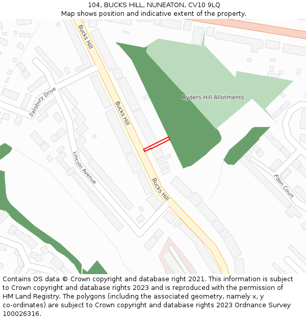 104, BUCKS HILL, NUNEATON, CV10 9LQ: Location map and indicative extent of plot