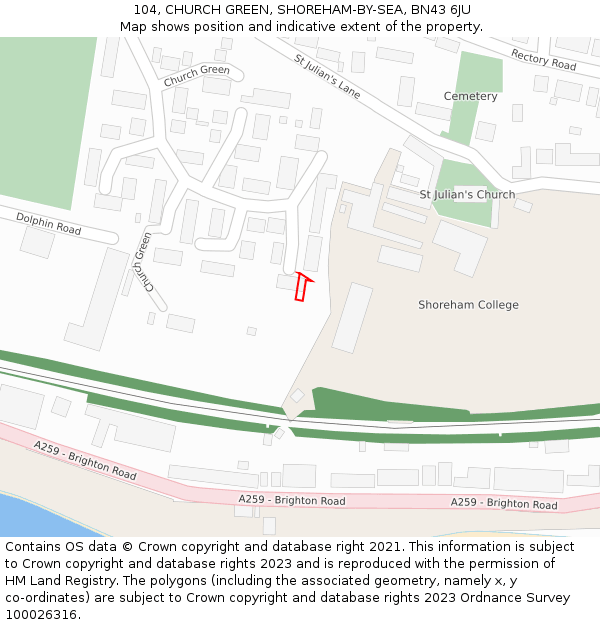 104, CHURCH GREEN, SHOREHAM-BY-SEA, BN43 6JU: Location map and indicative extent of plot