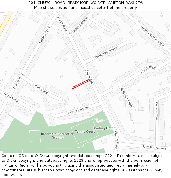 104, CHURCH ROAD, BRADMORE, WOLVERHAMPTON, WV3 7EW: Location map and indicative extent of plot
