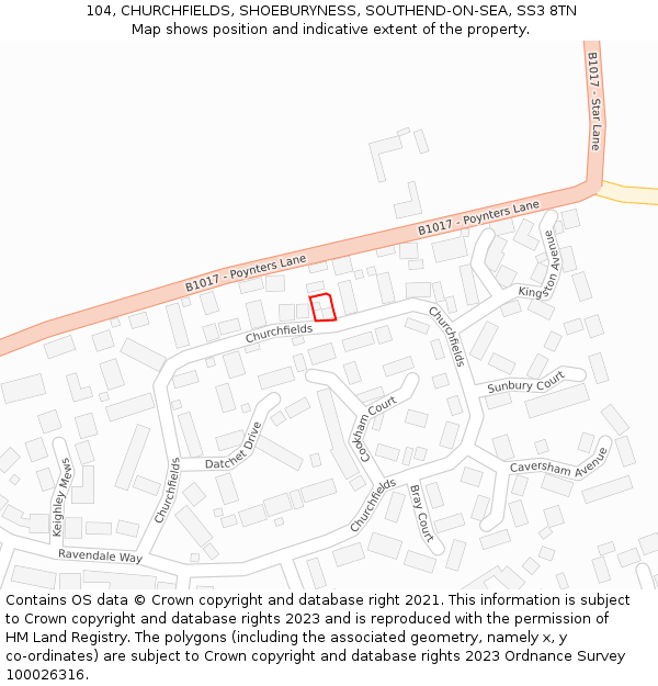 104, CHURCHFIELDS, SHOEBURYNESS, SOUTHEND-ON-SEA, SS3 8TN: Location map and indicative extent of plot