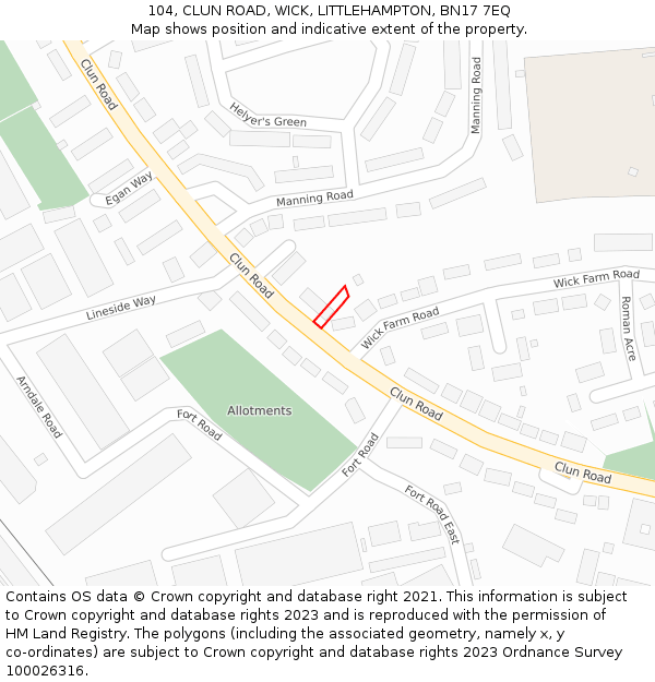 104, CLUN ROAD, WICK, LITTLEHAMPTON, BN17 7EQ: Location map and indicative extent of plot