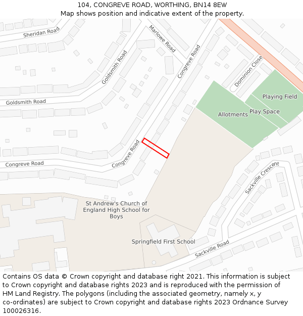 104, CONGREVE ROAD, WORTHING, BN14 8EW: Location map and indicative extent of plot