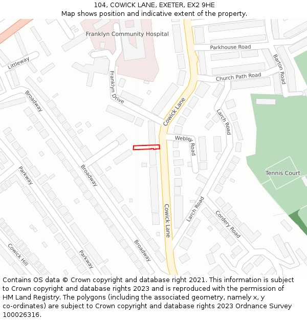 104, COWICK LANE, EXETER, EX2 9HE: Location map and indicative extent of plot