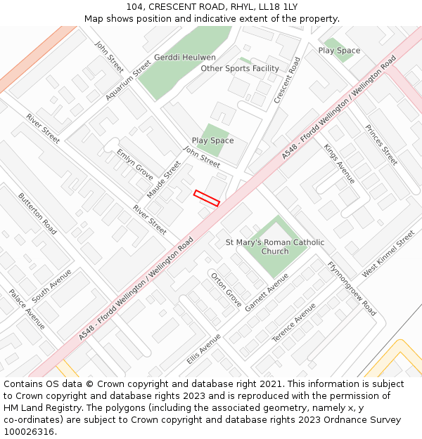 104, CRESCENT ROAD, RHYL, LL18 1LY: Location map and indicative extent of plot