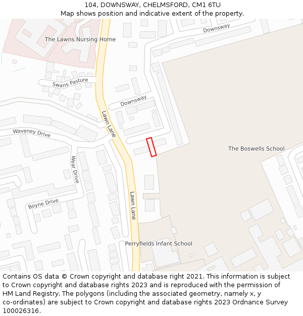 104, DOWNSWAY, CHELMSFORD, CM1 6TU: Location map and indicative extent of plot