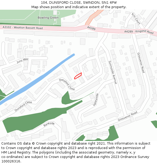 104, DUNSFORD CLOSE, SWINDON, SN1 4PW: Location map and indicative extent of plot