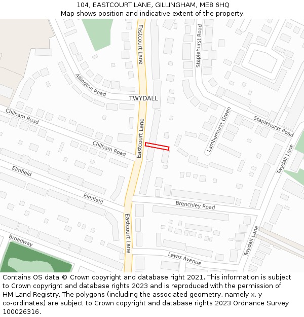 104, EASTCOURT LANE, GILLINGHAM, ME8 6HQ: Location map and indicative extent of plot