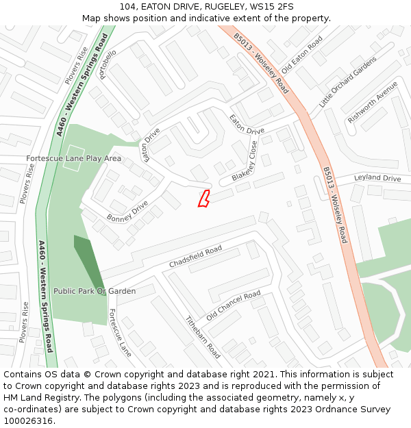 104, EATON DRIVE, RUGELEY, WS15 2FS: Location map and indicative extent of plot