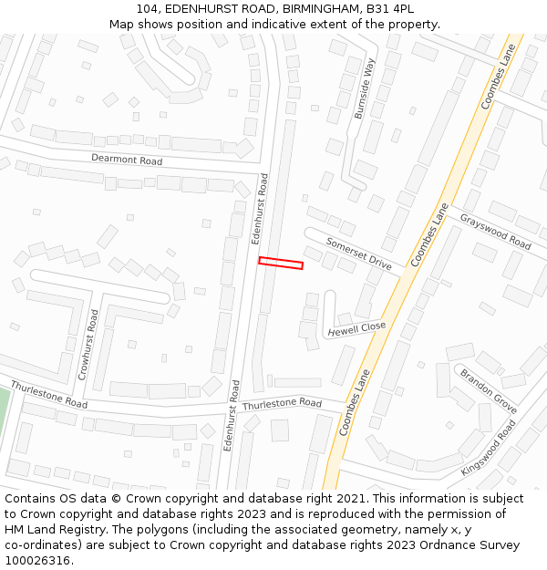 104, EDENHURST ROAD, BIRMINGHAM, B31 4PL: Location map and indicative extent of plot