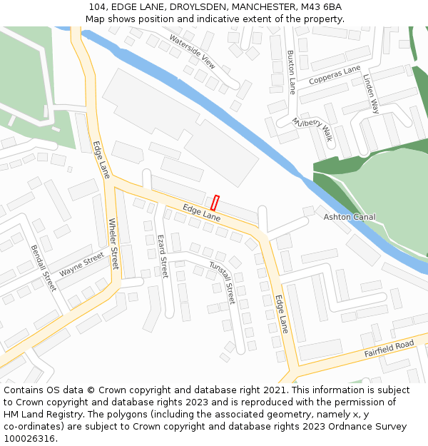 104, EDGE LANE, DROYLSDEN, MANCHESTER, M43 6BA: Location map and indicative extent of plot
