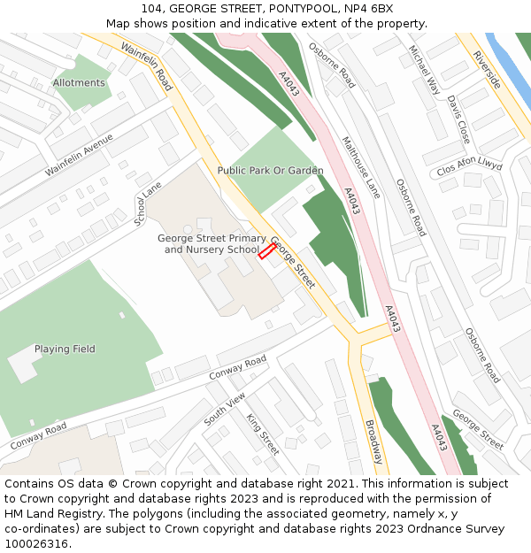 104, GEORGE STREET, PONTYPOOL, NP4 6BX: Location map and indicative extent of plot