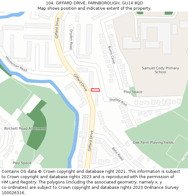 104, GIFFARD DRIVE, FARNBOROUGH, GU14 8QD: Location map and indicative extent of plot