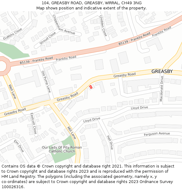 104, GREASBY ROAD, GREASBY, WIRRAL, CH49 3NG: Location map and indicative extent of plot