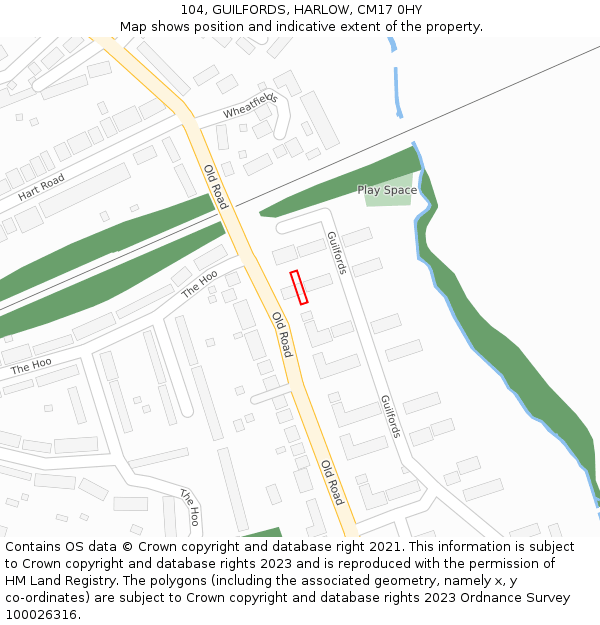 104, GUILFORDS, HARLOW, CM17 0HY: Location map and indicative extent of plot