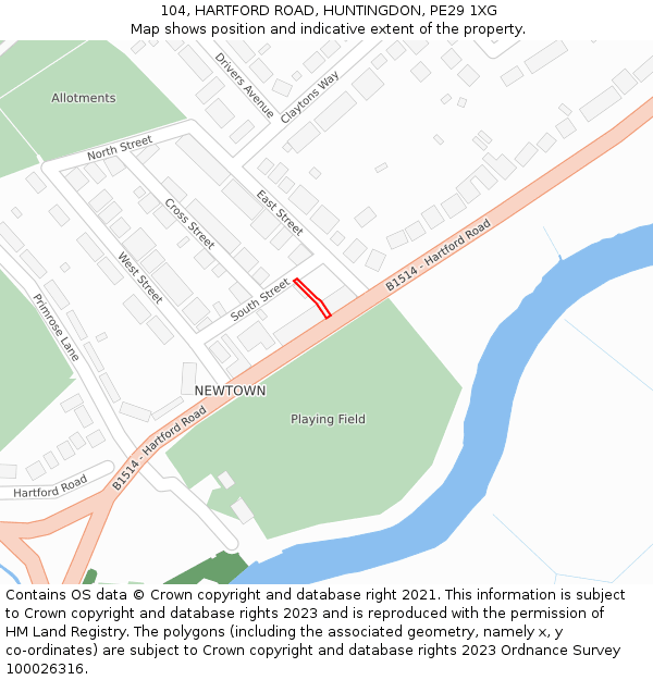 104, HARTFORD ROAD, HUNTINGDON, PE29 1XG: Location map and indicative extent of plot