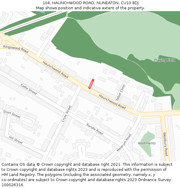104, HAUNCHWOOD ROAD, NUNEATON, CV10 8DJ: Location map and indicative extent of plot