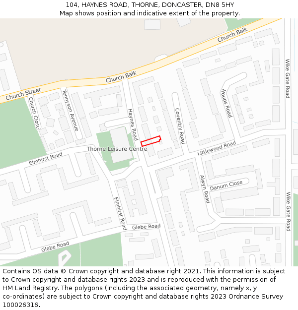 104, HAYNES ROAD, THORNE, DONCASTER, DN8 5HY: Location map and indicative extent of plot