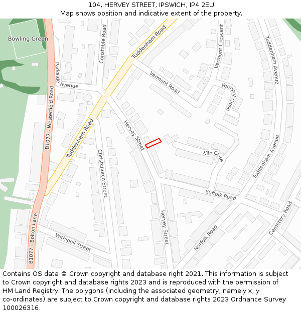 104, HERVEY STREET, IPSWICH, IP4 2EU: Location map and indicative extent of plot
