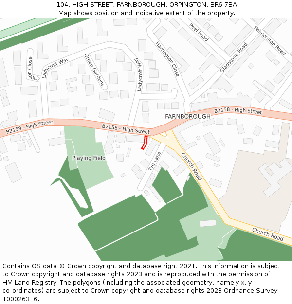 104, HIGH STREET, FARNBOROUGH, ORPINGTON, BR6 7BA: Location map and indicative extent of plot