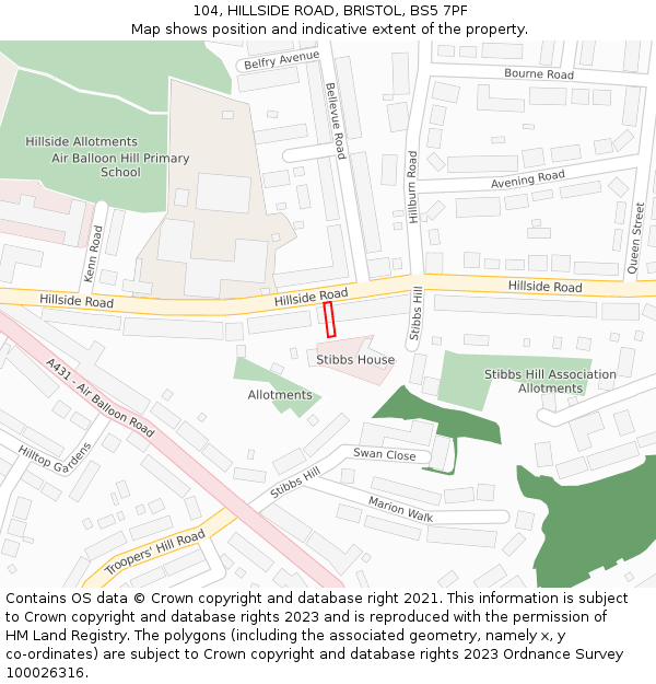 104, HILLSIDE ROAD, BRISTOL, BS5 7PF: Location map and indicative extent of plot