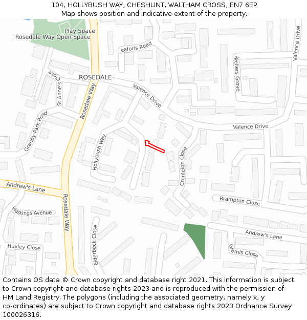 104, HOLLYBUSH WAY, CHESHUNT, WALTHAM CROSS, EN7 6EP: Location map and indicative extent of plot