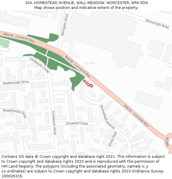 104, HOMESTEAD AVENUE, WALL MEADOW, WORCESTER, WR4 0DA: Location map and indicative extent of plot