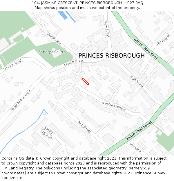 104, JASMINE CRESCENT, PRINCES RISBOROUGH, HP27 0AQ: Location map and indicative extent of plot