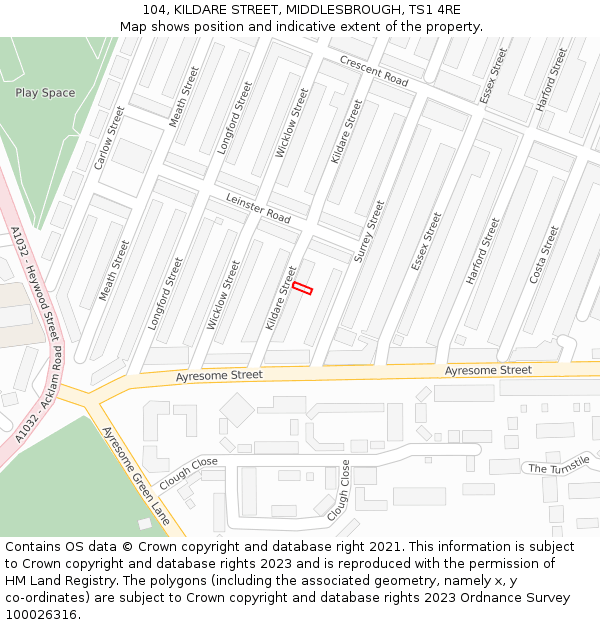 104, KILDARE STREET, MIDDLESBROUGH, TS1 4RE: Location map and indicative extent of plot