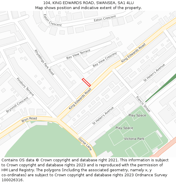 104, KING EDWARDS ROAD, SWANSEA, SA1 4LU: Location map and indicative extent of plot